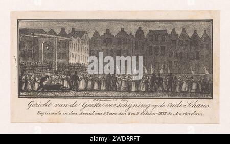 Les spectateurs regardent l'apparition des esprits sur les Oude Schans, Hartog Abrahams Swaluw, 1835 - 1839 print apparition des esprits sur les Oudeschans à Amsterdam, dans la soirée des 8 et 9 octobre 1833. Le long du quai, les ombres blanches effrayantes des femmes se déplacent en longues robes. Au premier plan et sur le pont les spectateurs rassemblés. Les «esprits» ont été produits par tous les étudiants à l'aide de plaques de lanterne magique. Matérialisation papier Amsterdam, apparition d'esprit ou de fantôme. Vie étudiante Oudeschans Banque D'Images