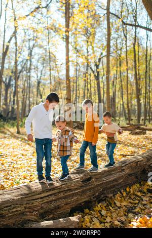 Frères marchant sur une bûche dans la forêt par une journée ensoleillée d'automne Banque D'Images