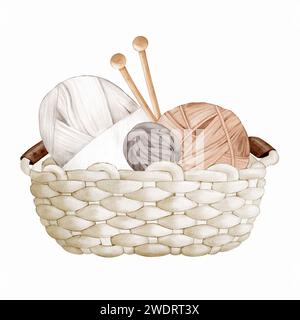 Écheveau de fil blanc, boules de fils de laine, aiguilles en bois dans un panier en osier. Illustration isolée à l'aquarelle. Clipart pour le blog de tricot, needlewo Banque D'Images