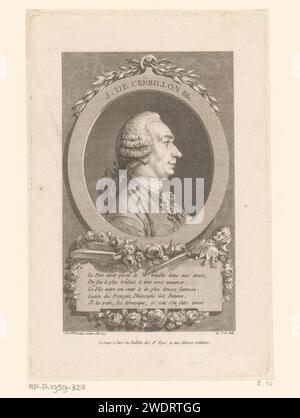 Portret van Claude Prosper Jolyot de Crébillon, Augustin de Saint-Aubin, 1777 papier gravure / gravure de personnages historiques. portrait d'un écrivain Banque D'Images