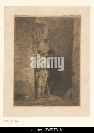 Deux hommes dans une ruelle regardent autour du coin d'un immeuble, Guillaume Joseph Vertommen, 1825 - 1863 print Bovenaan : Revue de Belgique ; 5 année 2e SERIE TOME V. papier. gravure lane, allée. homme adulte (+ deux personnes). bâton de marche, personnel Banque D'Images