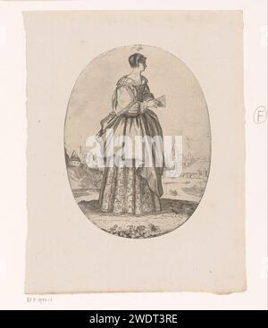 Dame habillée selon la mode de circa 1620, Jean Picart, c. 1625 impression Costume impression : Femme avec chapeau sur les cheveux, debout dans un paysage avec éventail à la main, à droite. En arrière-plan une rivière et une ville. En ovale. gravure papier vêtements, costume (+ vêtements pour femmes) Banque D'Images