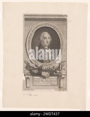 Portret van Charles-François-César le Tellier de Montmirail, Charles Etienne Gaucher, d'après Jean Martial Frédou, 1766 estampe France gravure sur papier / gravure de personnages historiques. ornement  médaillon. corne, trompette, cornet, trombone, tuba Banque D'Images