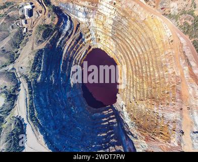 Vue aérienne par drone de Corta Atalaya avec des niveaux miniers à ciel ouvert. Excavation profonde de pyrite et extraction de minéraux de cuivre et d'or dans min Banque D'Images