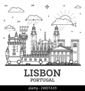 Esquissez Lisbonne Portugal City Skyline avec des bâtiments modernes et historiques isolés sur blanc. Illustration vectorielle. Paysage urbain de Lisbonne avec des monuments. Illustration de Vecteur