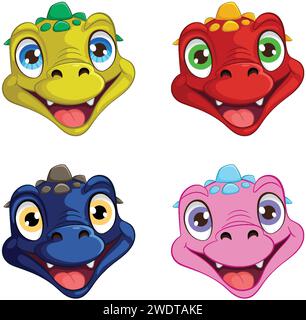 Quatre têtes de dragon vibrantes montrant différentes expressions. Illustration de Vecteur