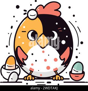 Mignon poulet avec des œufs. Illustration vectorielle dans le style dessin au trait. Illustration de Vecteur