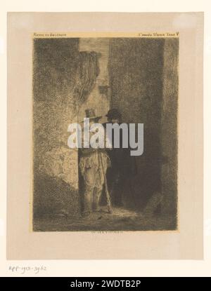 Deux hommes dans une ruelle regardent autour du coin d'un immeuble, Guillaume Joseph Vertommen, 1825 - 1863 print Bovenaan : Revue de Belgique ; 5 année 2e SERIE TOME V. papier. gravure lane, allée. homme adulte (+ deux personnes). bâton de marche, personnel Banque D'Images