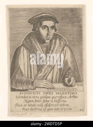 Portret Van Juan Luis vives, Philips Galle, tirage de 1572 avec légende de quatre lignes en latin. Numéroté en bas à droite : B2 (2 comme Z dans l'image miroir). Anvers gravure sur papier personnes historiques. écriture manuscrite, écriture comme activité. érudit, philosophe (+ portrait d'érudit, scientifique) Banque D'Images