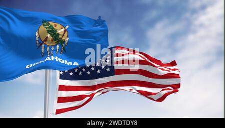 Le drapeau de l'État de l'Oklahoma brandissant le drapeau national américain. L'Oklahoma est un État de la région du Centre-Sud des États-Unis. illustration 3d rende Banque D'Images