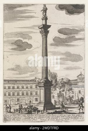 De Colonna della Pace te Rome, Louis Rouchier, 1651 impression Colonna della Pace sur la Piazza di Santa Maria Maggiore à Rome. Texte en italien dans la marge inférieure. L'impression fait partie d'un album. Colonne de gravure de papier Rome, pilier  architecture. pièce de sculpture, reproduction d'une pièce de sculpture. Madonna sur le croissant de lune (parfois appelée Reine du ciel) (en mandorla) colonne de paix. Piazza di Santa Maria Maggiore Banque D'Images