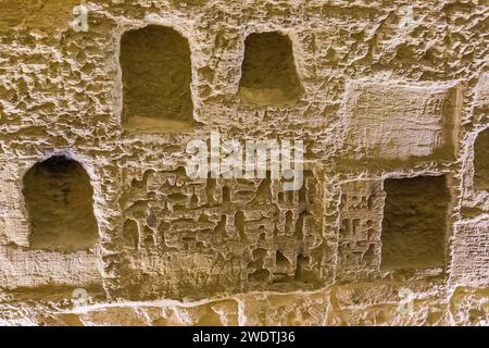 Egypte, Saqqara, nécropole de Sérapéum : textes de dédicace et niches pour stèles. Banque D'Images