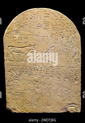 Egypte, Saqqara, Serapeum, Apis taureau stèle d'un homme nommé Khonsu. Banque D'Images