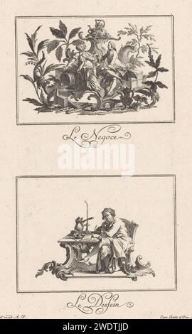 Commerce et dessin, Johann Esaias Nilson, 1766 - 1788 imprimer deux scènes avec des ornements rocaille sur une feuille. A l'étage : un homme occidental et turc fume dans un paysage fantastique avec un tonneau, un paquet et un service à thé. Ci-dessous : un homme dessine à une table ornée avec un service à café et un chandelier. Allégorie du commerce sur papier d'Augsbourg ; 'Commercio della vita humana' (Ripa). conversation, dialogue ; pièce de conversation. représentations symboliques, allégories et emblèmes  dessin. dessinateur au travail Banque D'Images