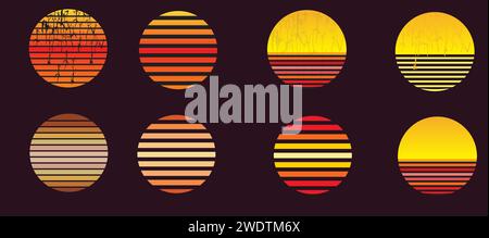 set de six couchers de soleil colorés avec des lignes et un effet grunge avec fond sombre idéal pour les icônes de logo Illustration de Vecteur