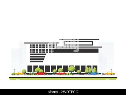 Quartier de la ville avec bâtiment moderne dans un style plat avec des arbres et des voitures. Illustration vectorielle. Scène de ville isolée sur fond blanc. Architecture urbaine Illustration de Vecteur