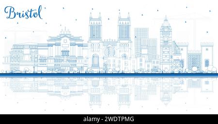 Contour Bristol UK City Skyline avec des bâtiments bleus et des reflets. Illustration vectorielle. Bristol Angleterre Cityscape avec des monuments. Voyage et Tourisme Illustration de Vecteur