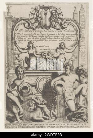 Impression titre avec personnifications du Tibre et du Nil, figures féminines avec queues de poisson, obélisques et colonnes, Louis Rouhier, 1651 impression Rome papier gravure colonne, pilier  architecture. pièce de sculpture, reproduction d'une pièce de sculpture. Madonna sur le croissant de lune (parfois appelée Reine du ciel) (en mandorla) colonne de paix. Piazza di Santa Maria Maggiore Banque D'Images