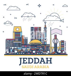 Outline Jeddah Saudi Arabia City Skyline avec des bâtiments modernes et historiques isolés sur White. Illustration vectorielle. Jeddah CityScape avec des monuments. Illustration de Vecteur