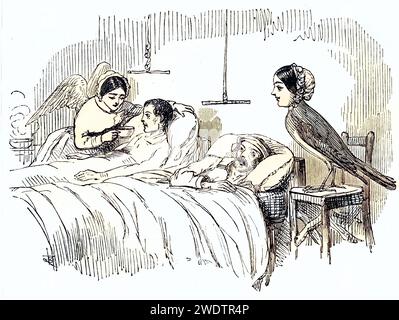 Florence Nightingale (12. Mai 1820 -13. Août 1910) war eine britische Krankenschwester, Statistikerin, Begünderin der modernen westlichen Krankenpflege, infirmière anglaise et un de ses anges ministériels en Crimée, vu par Punch, Londres, 1854. Guerre de Crimée 1853-1856. Gravure sur bois., Historisch, digital restaurierte Reproduktion von einer Vorlage aus dem 19. Jahrhundert, Date d'enregistrement non indiquée Banque D'Images