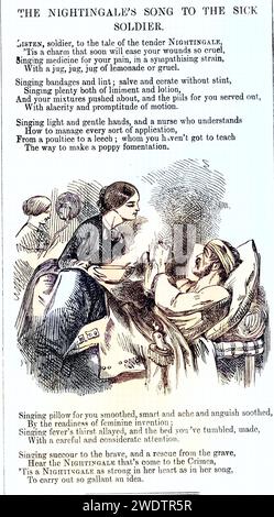 Florence Nightingale (12. Mai 1820 -13. Août 1910) war eine britische Krankenschwester, Statistikerin, Begünderin der modernen westlichen Krankenpflege, infirmière anglaise soignant un soldat malade en Crimée. De Punch, Londres, 1854. Guerre de Crimée 1853-1856. Gravure sur bois, Historisch, restaurerte numérique Reproduktion von einer Vorlage aus dem 19. Jahrhundert, Date d'enregistrement non indiquée Banque D'Images