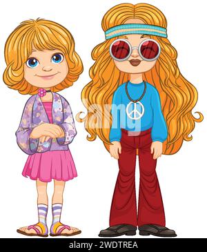 Deux filles habillées de tenues rétro colorées. Illustration de Vecteur