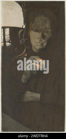 Portrait d'une femme inconnue avec orange à une lampe, Käthe Kollwitz, 1901 impression en bas à gauche le monogramme kk. papier gravure fruits : orange. personne historique anonyme représentée Banque D'Images