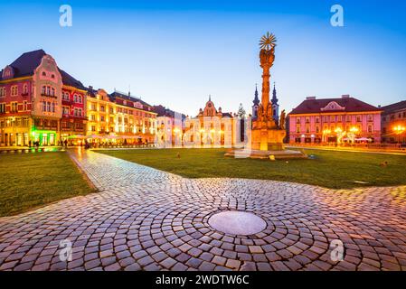 Timisoara, Roumanie. Architecture baroque Union Square au crépuscule, région historique du Banat. Banque D'Images