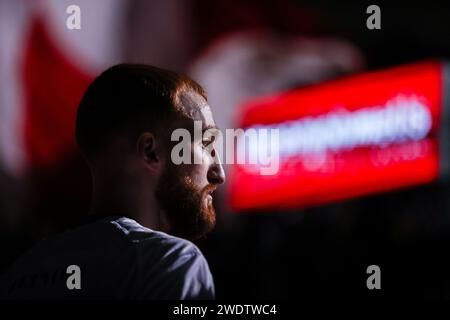 Varese, Italie. 21 janvier 2024. Niccolo Mannion #4 de Pallacanestro Varese OpenJobMetis regarde pendant LBA Lega basket Un match de saison régulière 2023/24 entre Pallacanestro Varese OpenJobMetis et Virtus Segafredo Bologne à Itelyum Arena. Score final ; OJM Varese 69 | 81 Virtus Bologne. Crédit : SOPA Images Limited/Alamy Live News Banque D'Images