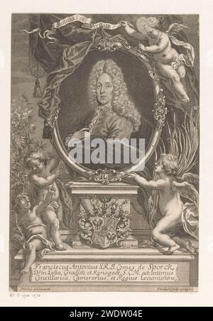 Portrait van Franz Anton, Reichsgraf von Sporck, Anton Birckhart, d'après Johann Hiebel, 1713 tirage Prague gravure sur papier gravure / gravure de personnages historiques. roulement armorial, héraldique. cupidons : 'amores', 'amoretti', 'putti' Banque D'Images