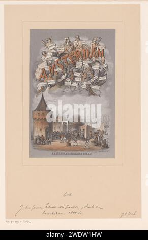 Couverture pour : Amsterdam. Origine et distraction des noms des canaux, îles, places, rues, ruelles, ponts, écluses et tours de cette ville, Johan Coenraad Leich, 1865 impression au bas de la Schreierstoren à Amsterdam. Une foule dans la rue. Au sommet de divers personnages historiques et types avec des signes qui se réfèrent à des lieux à Amsterdam. Imprimeur : Haarlem Éditeur : Amsterdam paper City-View en général ; 'veduta' Schreierstoren. Amsterdam Banque D'Images