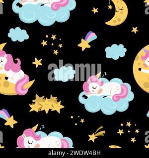 Modèle sans couture vectoriel avec des licornes dormantes. Répétez l'arrière-plan avec des personnages de conte de fées, des étoiles tombantes, la lune, les nuages. Papier numérique Fantasy World. Illustration de Vecteur