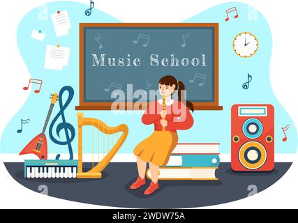 Illustration vectorielle de l'école de musique avec la lecture de divers instruments de musique, l'apprentissage des musiciens et des chanteurs d'éducation dans le fond plat de dessin animé d'enfants Illustration de Vecteur