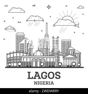 Outline Lagos Nigeria Skyline avec bâtiments modernes isolés sur blanc. Illustration vectorielle. Lagos Cityscape avec des sites touristiques. Illustration de Vecteur