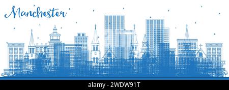 Contour Manchester New Hampshire City Skyline avec Blue Buildings. Illustration vectorielle. Voyage d'affaires et concept de tourisme avec architecture moderne. Illustration de Vecteur