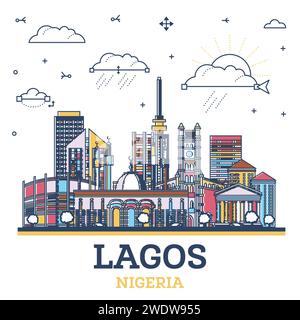 Contour Lagos Nigeria City Skyline avec des bâtiments modernes colorés isolés sur blanc. Illustration vectorielle. Paysage urbain de Lagos avec des monuments. Illustration de Vecteur