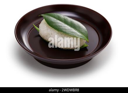 Tsubaki Mochi est la plus ancienne sucrerie du Japon. Un gâteau de riz gluant rempli de pâte de haricots sucrée est pris en sandwich entre deux feuilles de camélia fraîches. Banque D'Images