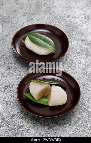 Tsubaki Mochi est la plus ancienne sucrerie du Japon. Un gâteau de riz gluant rempli de pâte de haricots sucrée est pris en sandwich entre deux feuilles de camélia fraîches. Banque D'Images