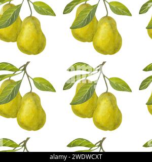 Motif sans couture de poires aquarelle. Fruits de miel jaune mûrs frais entiers avec des feuilles vertes. Illustration aquarelle dessinée à la main isolée sur blanc Banque D'Images
