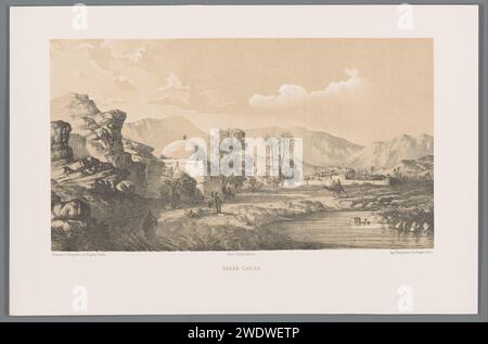 Vue de Darábgerd, Eugène Flandin, 1843 - 1854 imprimer petit bâtiment avec toit en forme de dôme le long du chemin au premier plan. La ville elle-même en arrière-plan. Sur le chemin quelques voyageurs, y compris une figure sur chameau. Le nom actuel est Darab, dans la province de Fars en Iran. Paris papier perspective de ville, panorama de ville, silhouette de ville Fars Banque D'Images