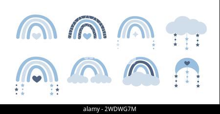 Arcs-en-ciel Boho scandinaves avec nuages, étoiles, gouttes, croissant dans des couleurs bleu pastel. Clip art céleste Elément vectoriel dessiné à la main pour pépinière de Illustration de Vecteur