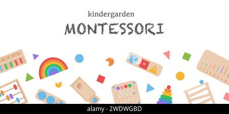 Vector Background avec des enfants en bois jouets logiques éducatifs écologiques, planches occupées pour les enfants d'âge préscolaire. Système de maternelle scolaire Montessori pour ea Illustration de Vecteur