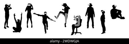 Personnes dans le jeu de silhouettes de casque de réalité virtuelle. Illustration de Vecteur