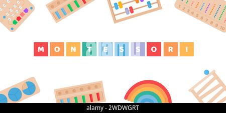 Bannière vectorielle pour la maternelle scolaire. Jouets éducatifs écologiques en bois pour enfants, planches occupées pour les enfants d'âge préscolaire. Blocs colorés avec des lettres dessus Illustration de Vecteur