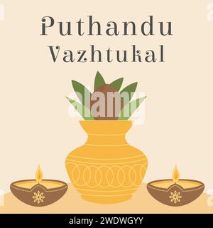 Puthandu Vazhtukal Holiday Tamil Traduction bonne année. Inde du Sud et culture du Sri Lanka. Une offrande de noix de coco et de feuilles dans un vase, lampe à huile. Tra Illustration de Vecteur