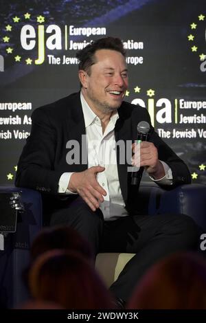 Cracovie, Pologne. 22 janvier 2024. Elon Musk est vu en train de prendre la parole lors de la conférence de l'Association juive européenne à Cracovie, en Pologne, le 22 janvier 2024. (Photo Jaap Arriens/Sipa USA) crédit : SIPA USA/Alamy Live News Banque D'Images