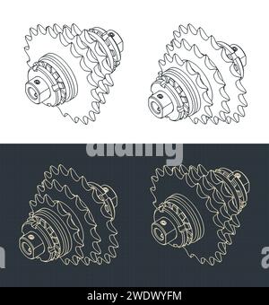 Illustrations vectorielles stylisées de plans isométriques de transmission à pignons de chaîne Illustration de Vecteur