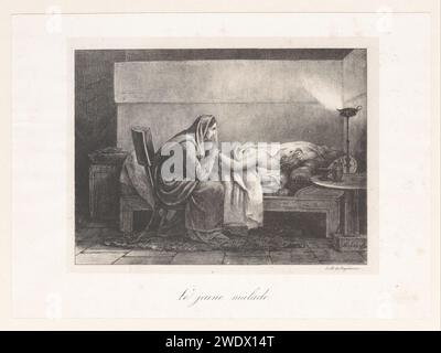 Une femme est assise à côté d'un jeune homme malade au lit, Ary Scheffer, 1826 imprimer Un jeune homme est malade au lit. Avec lui une femme est assise sur une chaise tenant sa main. Sur la droite une lampe à huile brûlante et une table avec deux cruches. Papier de Paris. visiter le malade ; malade avec d'autres Banque D'Images