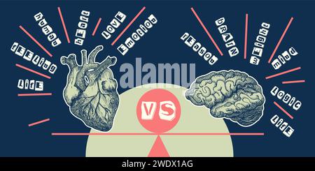 Concept coeur VS cerveau. Affiche de collage design vintage. Symboles de santé mentale et de bien-être émotionnel. Graphique d'équilibre esprit-coeur dessiné à la main Moitié Illustration de Vecteur