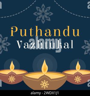 Puthandu Vazhtukal Holiday Tamil Traduction bonne année. Ugandu ou Diwali South India Sri Lanka Festival. Offrant lampe à huile diya dans un pot d'argile sur da Illustration de Vecteur